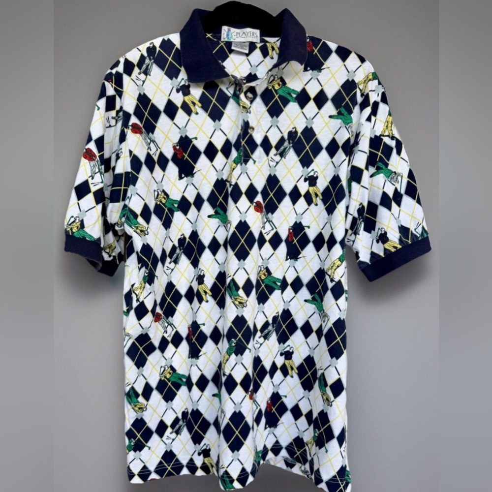 Vintage Players Van Heusen Short Sleeve Polo Shirt Golf Blue/White Argyle Medium